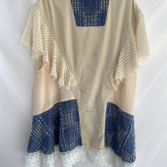 POL Bohemian Lacy White Blue Patchwork Dress Tunic Top NWOT Women's Size Large - Picture 3 of 15